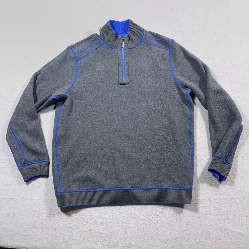 Tommy Bahama Sweatshirt Men Medium Gray Blue Reversible Pullover Preppy Casual‎